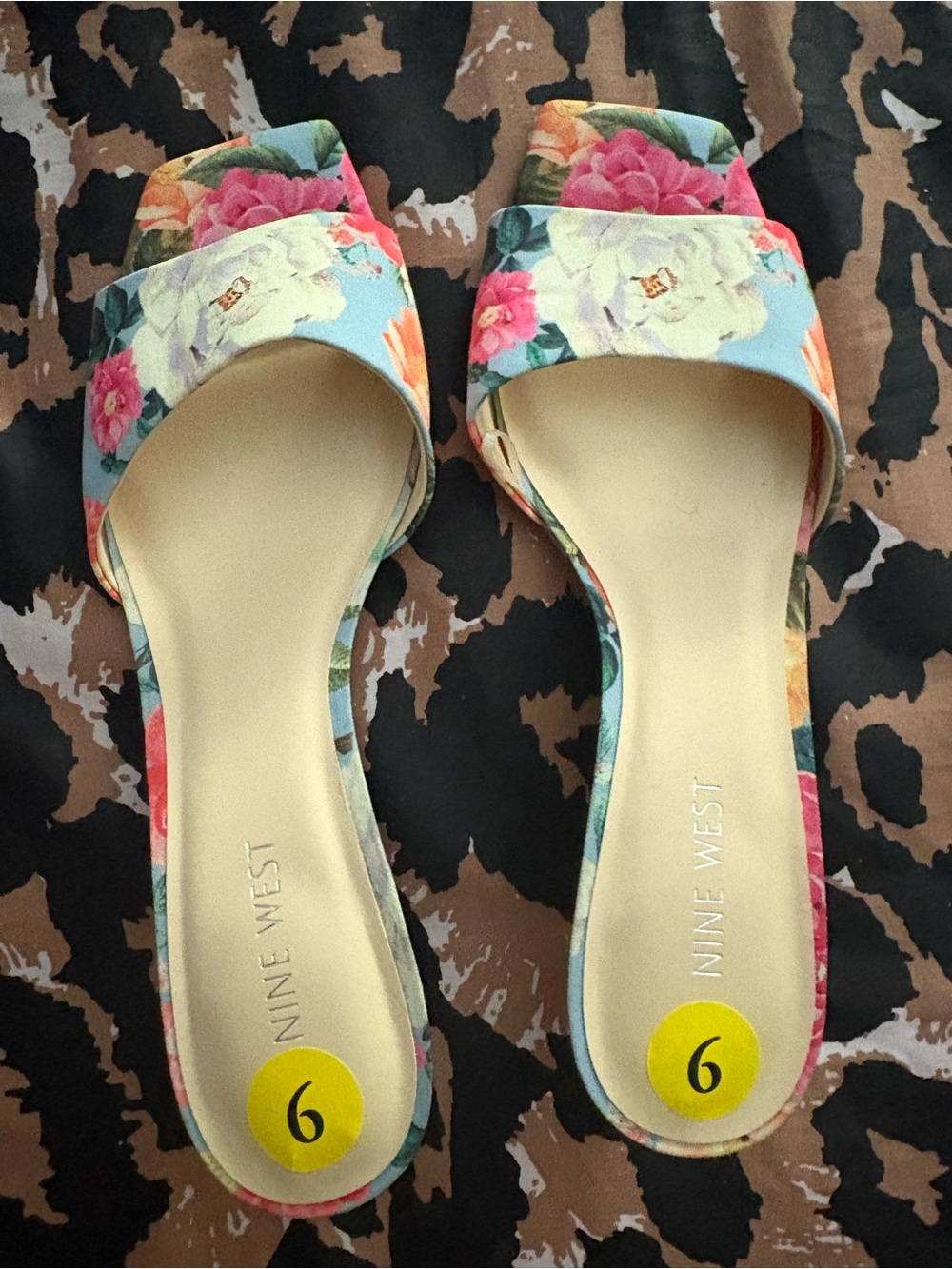 Nine West Floral Slide Sandals in Blue with Pink and White Blooms
